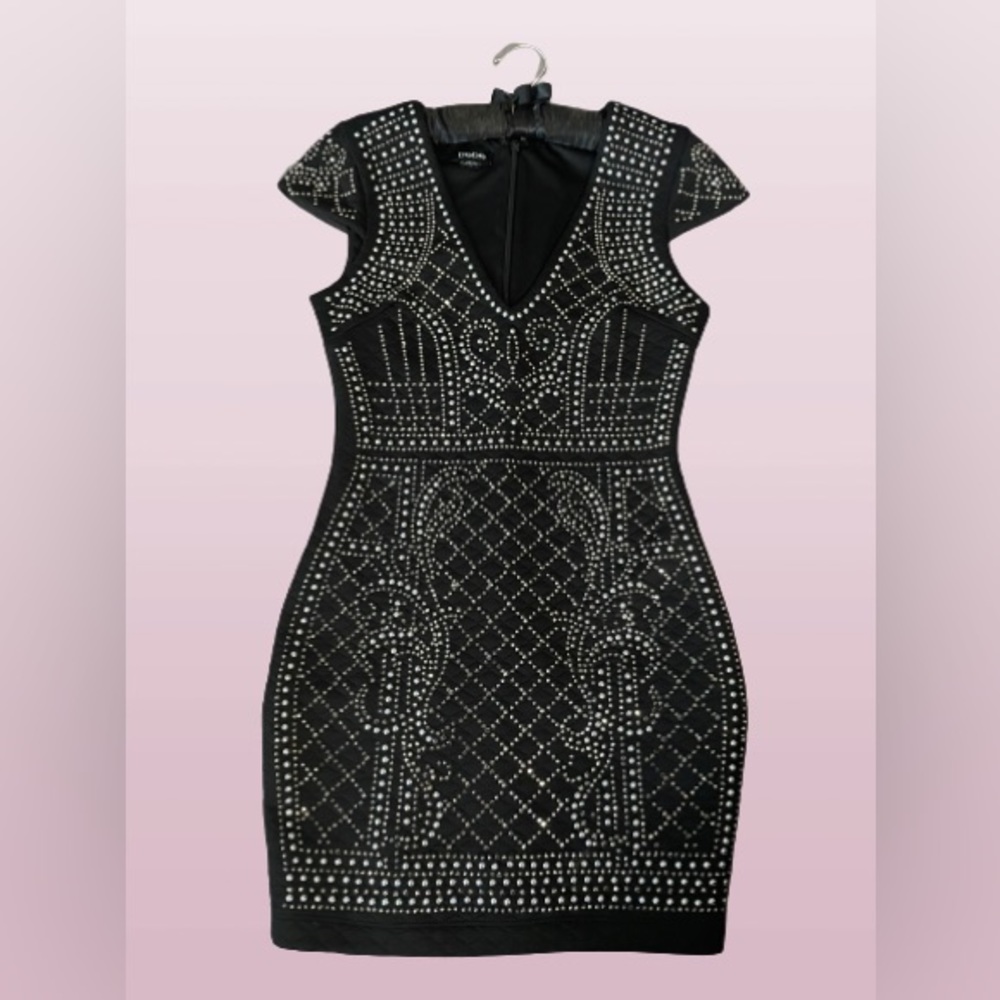 NWT bebe black stud embellished quilted v neck top dress S Small 4 club party